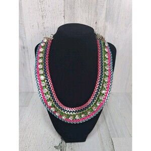 Metal & Multicolor Corded Rhinestone Chain Mantle Necklace Statement Neon 80's